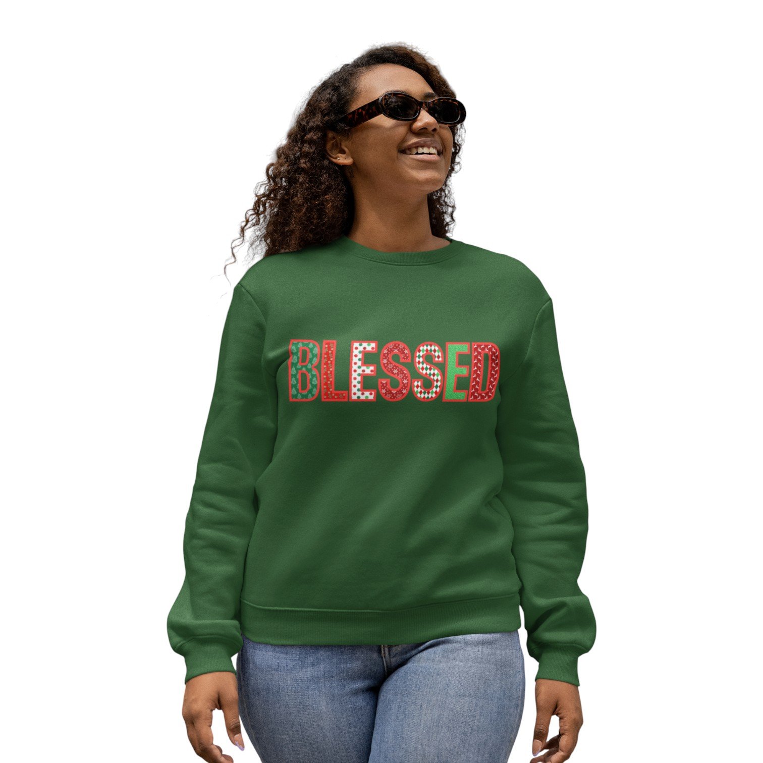 Red Blessed Print Christmas Crewneck Sweatshirt - Image 2