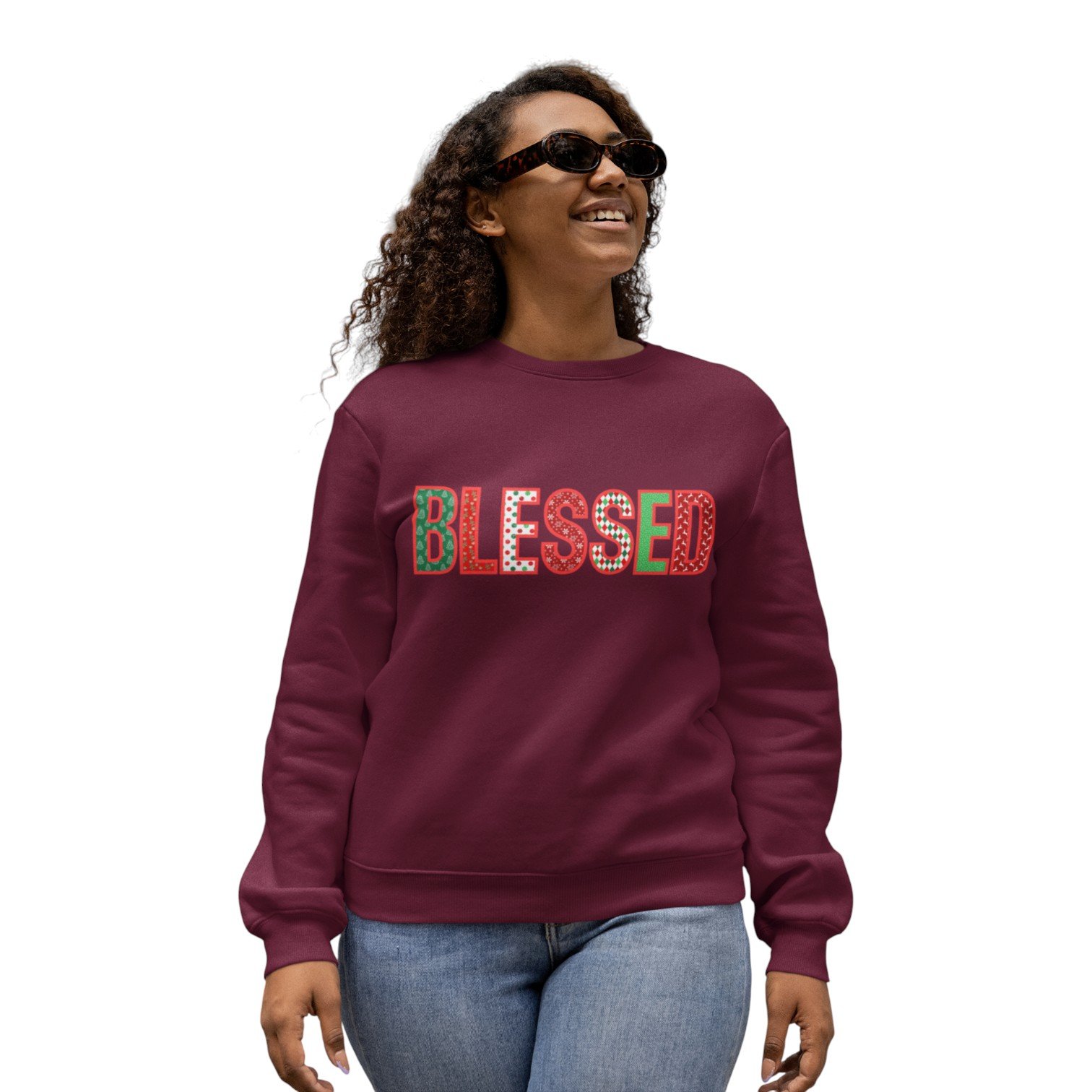 Red Blessed Print Christmas Crewneck Sweatshirt