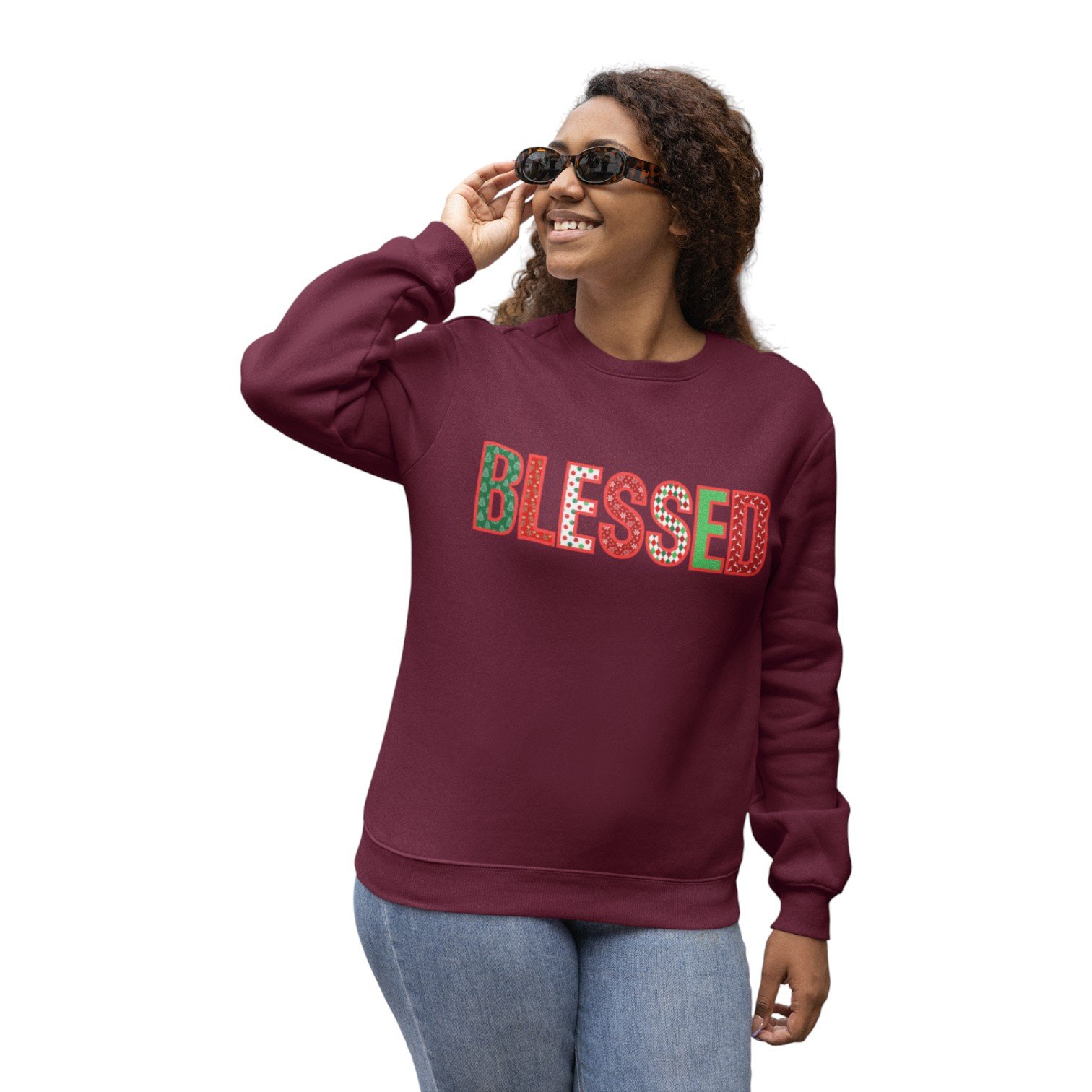 Red Blessed Print Christmas Crewneck Sweatshirt - Image 9